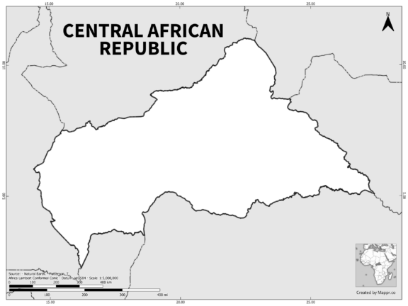 Black and white outline map of Central African Republic, showing the country's borders.
