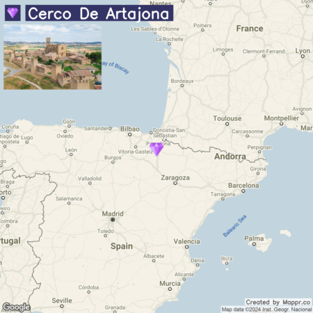 An annotated map showing the location of Cerco De Artajona in Spain, with a thumbnail image of the historic fortress in the upper left corner and the map displaying major cities and geographical features such as the Bay of Biscay and the Balearic Sea.