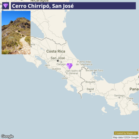 A map showing the location of Cerro Chirripó in San José, Costa Rica, with a small inset image of a rocky mountain peak in the top left corner.