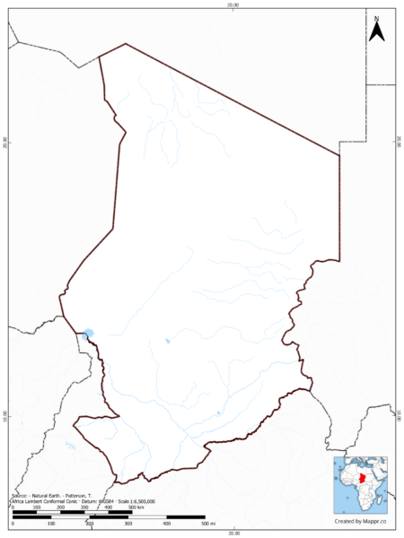 Blank map of Chad showing borders and no labels, in color.