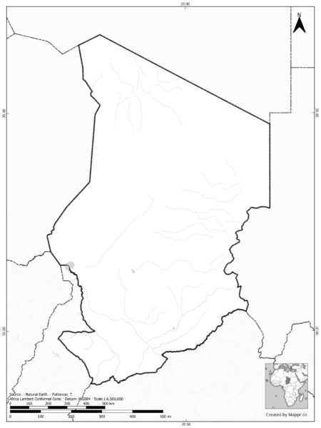 Blank black and white map of Chad with borders and no labels.