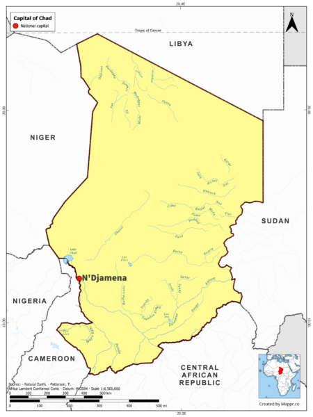Map highlighting N'Djamena, the capital of Chad, with country borders, in color.