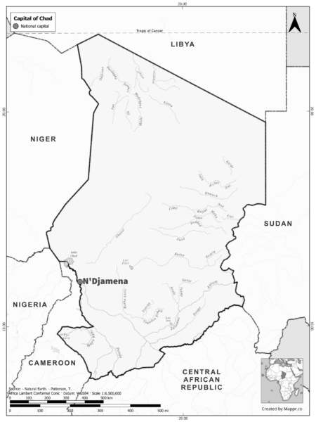 Black and white map highlighting N'Djamena, the capital of Chad.