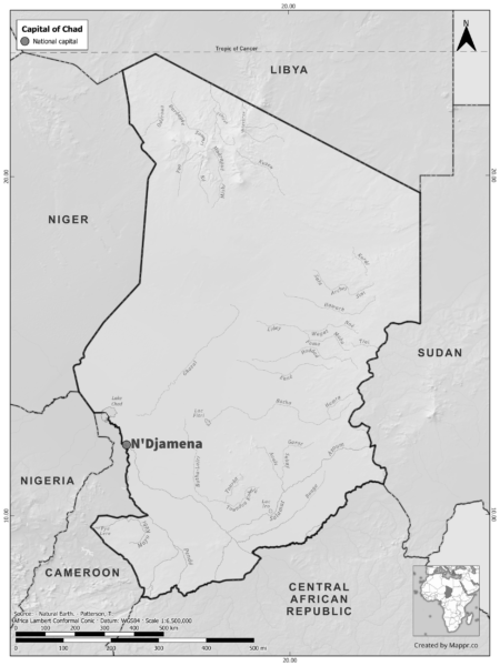 Black and white map of Chad highlighting N'Djamena as the capital, with neighboring countries.