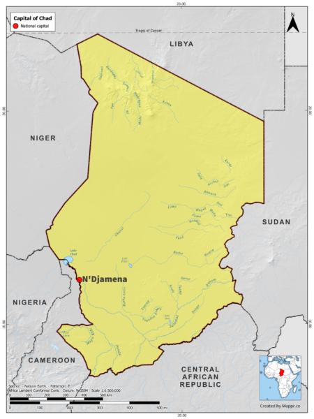 Map highlighting N'Djamena, the capital of Chad, with surrounding countries and geographical features, in color.