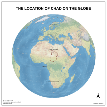 Map showing Chad's location on a globe, highlighted in red on the African continent.