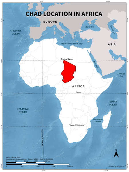 Chad location on world map, color version.