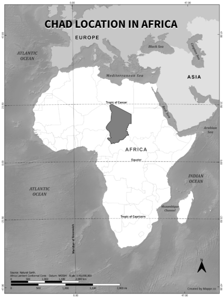 Chad location on world map, black and white version.