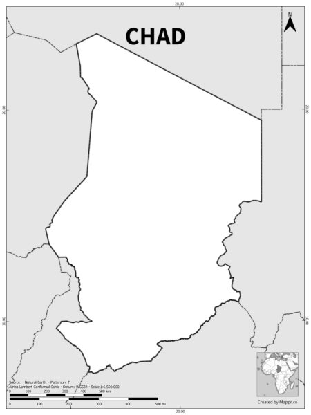 Black and white outline map of Chad, showing the country's borders.