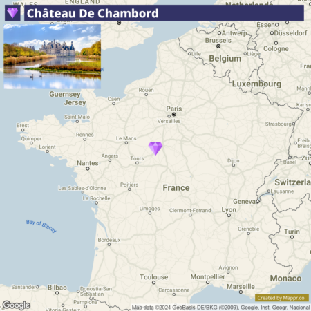 Map showing the location of Château de Chambord in France, with a purple diamond marker near the city of Tours. The surrounding countries like Belgium, Luxembourg, and Switzerland are visible. A smaller inset image in the upper left corner displays the Château de Chambord reflecting in a body of water.