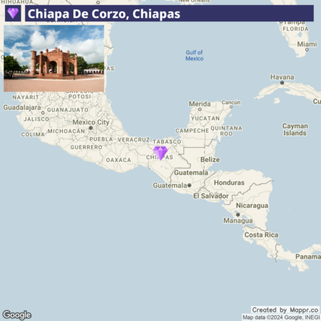 Map highlighting Chiapa de Corzo, Chiapas in Mexico, with an inset photo of a historical brick structure at the location.