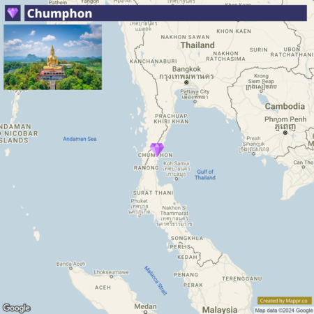 Map showing the location of Chumphon in Thailand, with surrounding areas and bodies of water like the Andaman Sea and the Gulf of Thailand. A small inset image in the top left corner displays a golden Buddha statue atop a green hill.