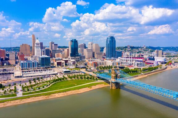 Cincinnati ohio skyline with john roebling bridge aerial view