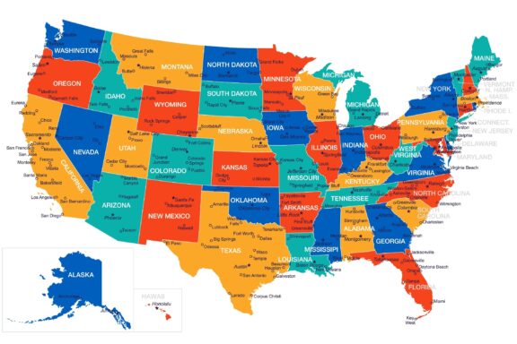 A colorful political map of the United States showing all 50 states, major cities, and borders in distinct colors, with insets for Alaska and Hawaii in the bottom left corner.