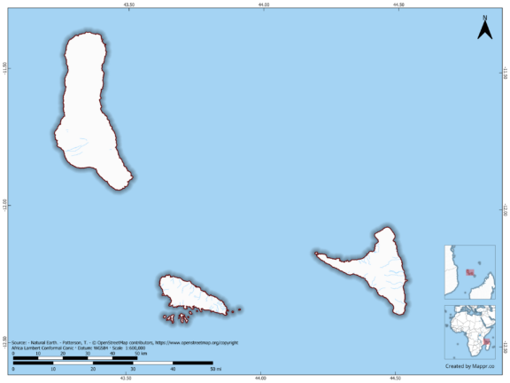 Blank map of Comoros showing borders and no labels, in color.