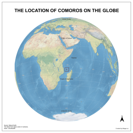 Map showing Comoros's location on a globe, highlighted in red on the African continent.
