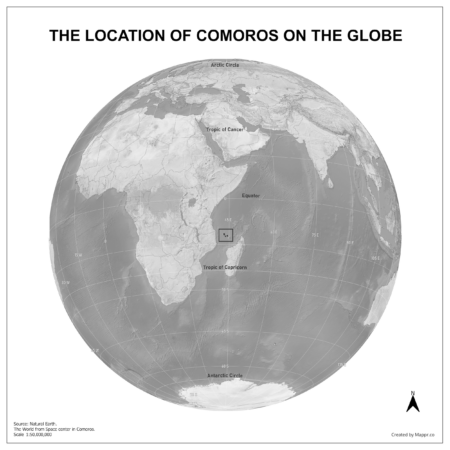 Map showing Comoros's location on a globe, highlighted in red on the African continent.