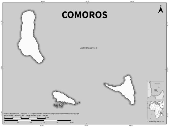 Black and white outline map of Comoros, showing the country's borders.