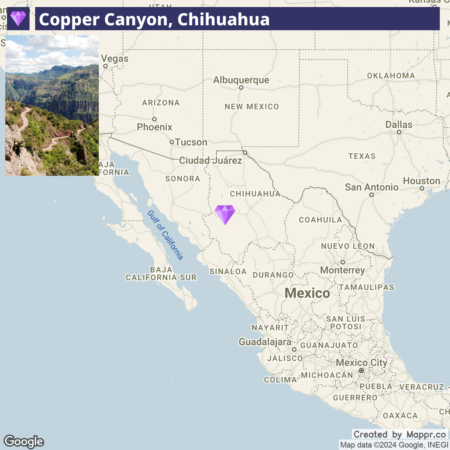 Map showing the location of Copper Canyon in Chihuahua, Mexico, with an inset image of the canyon's landscape on the top left.