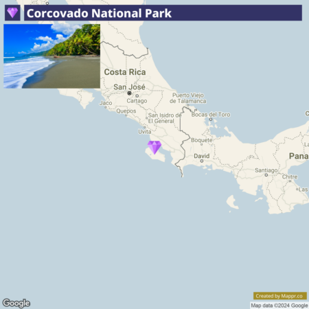 A split-screen image with the top half showing a scenic view of Corcovado National Park with a sandy beach and lush greenery, and the bottom half displaying a map highlighting the location of the park in Costa Rica, near the Pacific coast, with nearby cities and borders with Panama.