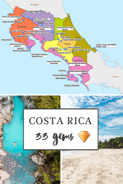 Colorful map of Costa Rica highlighting various tourist attractions, the middle is an aerial shot of two people floating in clear blue waters surrounded by rock formations, and the bottom image shows the phrase "COSTA RICA 33 gems" with a diamond icon, superimposed over a sandy beach landscape.