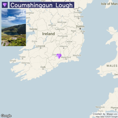 An image displaying a map of Ireland with a label and marker indicating the location of Coumshingaun Lough in the southeastern part of the country. A small inset picture in the upper left corner shows a scenic view of the actual Coumshingaun Lough with green hills. There are city names and some geographic details visible on the map.