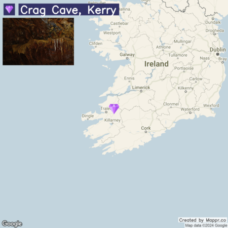 A map of Ireland highlighting Crag Cave in Kerry, with an inset photo of the cave's interior featuring stalactites.