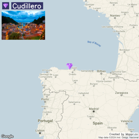 A promotional image for Cudillero featuring a top-left inset of the coastal town at dusk with illuminated streets and buildings, and a map of the northern Iberian Peninsula highlighting Cudillero's location with a purple pointer on the Bay of Biscay, near Oviedo. The map includes parts of Spain, Portugal, and France with major cities labeled.