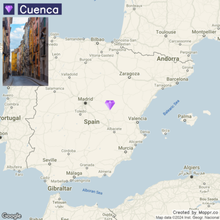 A map of Spain highlighting the location of Cuenca with an inset photo of a colorful street in the city of Cuenca.