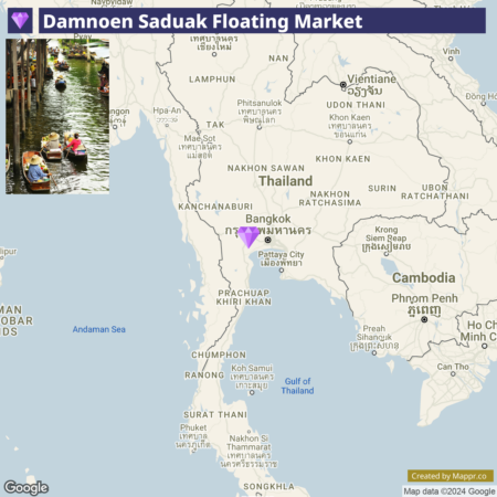 A map showing the location of Damnoen Saduak Floating Market in Thailand, with an inset picture of the market where vendors and customers interact on boats in a canal.