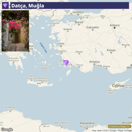 A map showing the location of Datça, Muğla in Turkey with nearby cities and geographical features, including the Aegean Sea and surrounding areas. In the top left corner, there is a small photo insert of a stone doorway draped with pink flowers.