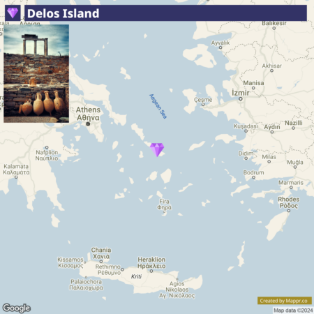 An annotated map highlighting Delos Island in the Aegean Sea with a superimposed photo on the upper left showing ancient ruins and pottery on Delos Island.