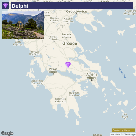 A map showing a part of Greece with a marker on Delphi and an inset image of the ancient ruins in Delphi, with mountains in the background.