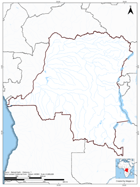 Blank map of Democratic Republic of the Congo Maps showing borders and no labels, in color.