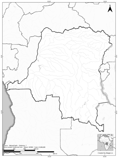 Blank black and white map of Democratic Republic of the Congo Maps with borders and no labels.