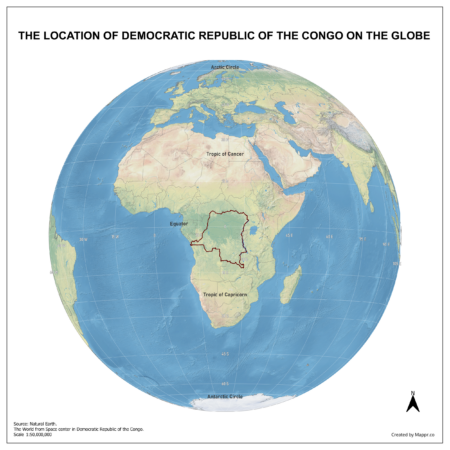 Map showing Democratic Republic of the Congo Maps's location on a globe, highlighted in red on the African continent.