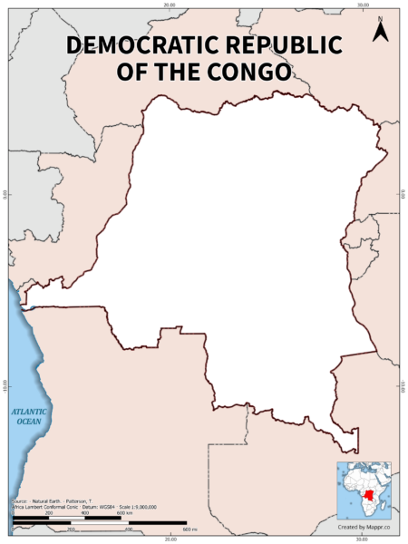 Outline map of Democratic Republic of the Congo Maps with country borders in color.