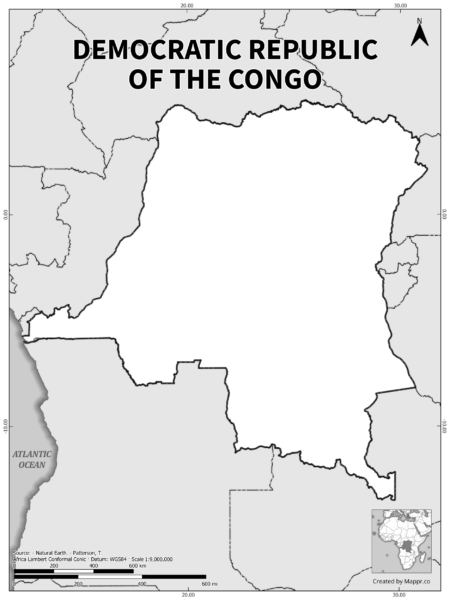 Black and white outline map of Democratic Republic of the Congo Maps, showing the country's borders.