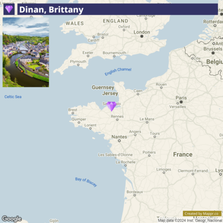 A map highlighting the location of Dinan in Brittany, France, with a small photograph of Dinan's riverside houses and bridge in the corner.