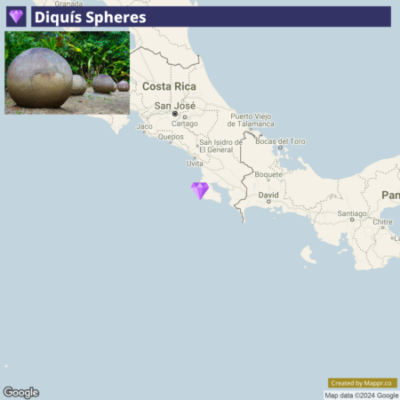 Alt text: A map inset image shows the location of the Diquís Spheres in Costa Rica, with a photo displaying several large, ancient stone spheres in the foreground.