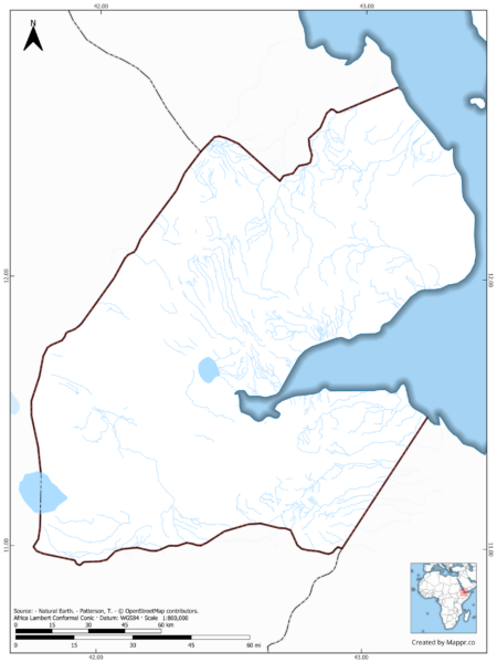 Blank map of Djibouti showing borders and no labels, in color.