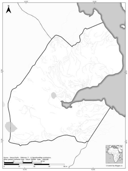 Blank black and white map of Djibouti with borders and no labels.