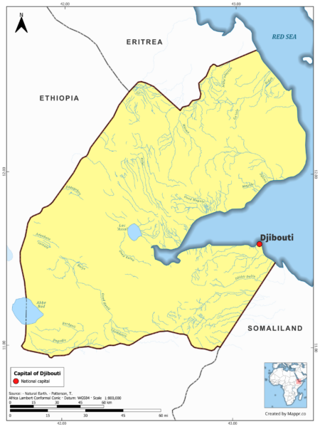 Map highlighting Djibouti, the capital of Djibouti, with country borders, in color.