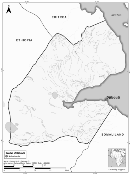 Black and white map highlighting Djibouti, the capital of Djibouti.