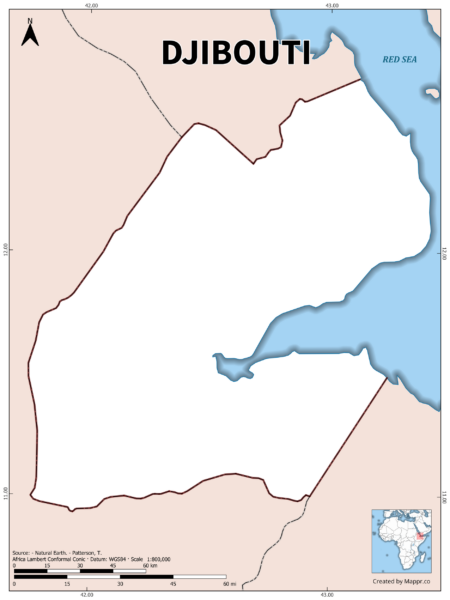 Outline map of Djibouti with country borders in color.