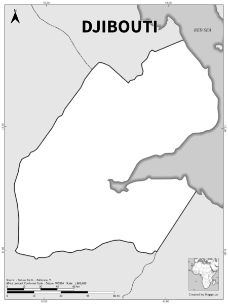 Black and white outline map of Djibouti, showing the country's borders.