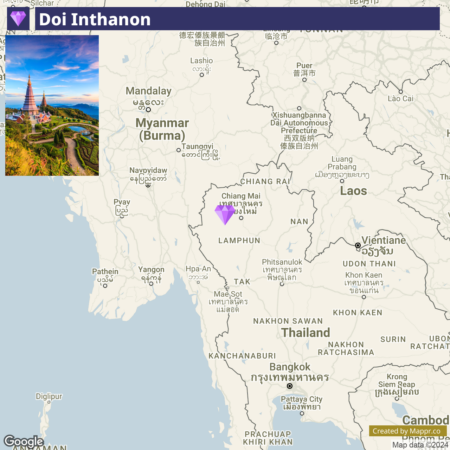 Map showing the geographical location of Doi Inthanon in Northern Thailand, adjacent to Myanmar, with an inset image of a temple in the Doi Inthanon region.