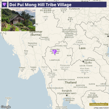 A Google map overlay with the title "Doi Pui Mong Hill Tribe Village" in the upper left corner, highlighting the geographic location on the borders of Thailand, Myanmar, Laos, and China. There is a small inset image of a rustic hill tribe hut surrounded by vegetation in the upper left section of the map.