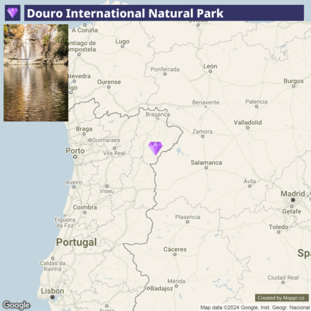 A map highlighting the location of Douro International Natural Park, which appears to be between Portugal and Spain, near the border. There's a small photo inset of a river landscape superimposed on the bottom left corner of the map.