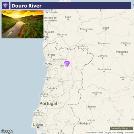 A split image featuring a scenic photo of the Douro River with a boat and sunset at the top, and a map highlighting the river's location as it passes through the cities of Porto and Vila Real in Portugal at the bottom.